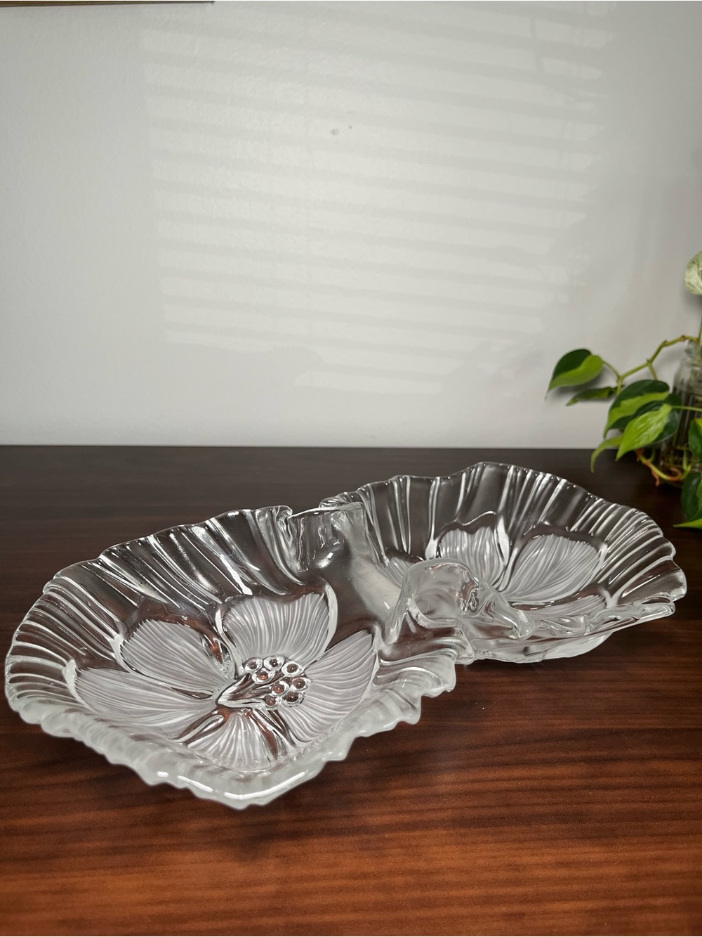 Vintage Pressed Glass Divided Relish Dish Floral Serving Tray Mid Century